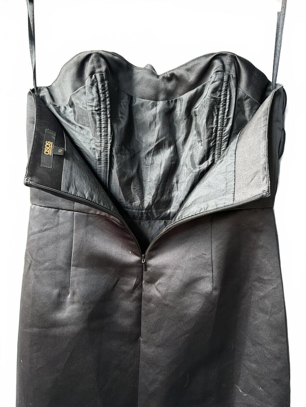 ASOS Black Satin Sculptural Ruched Cocktail Prom Dress - Picture 4 of 7
